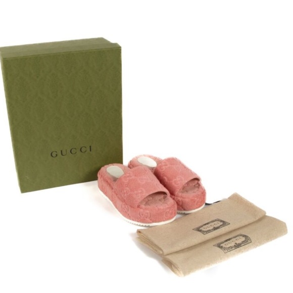 New Gucci GG monogram sponge GG Cotton Terry pink platform slides 36.5 - Picture 3 of 8